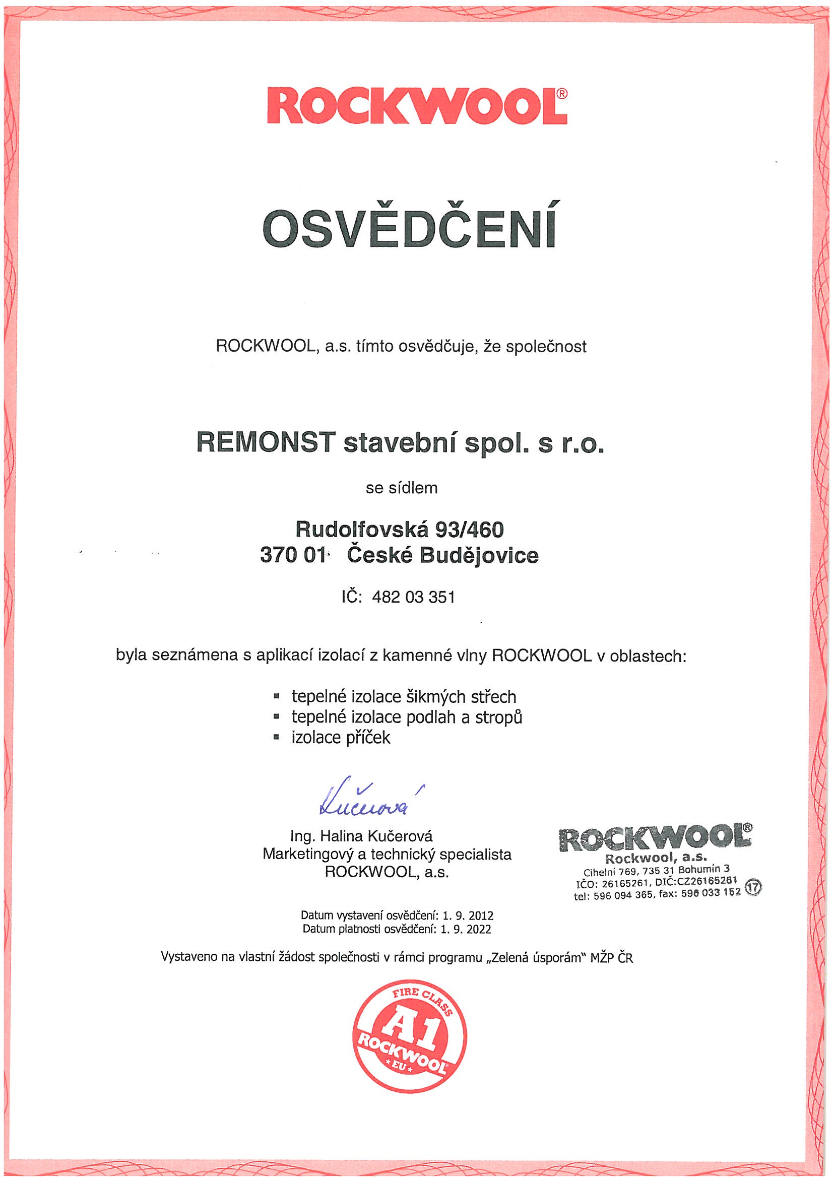 OSVĚDČENÍ ROCKWOOL