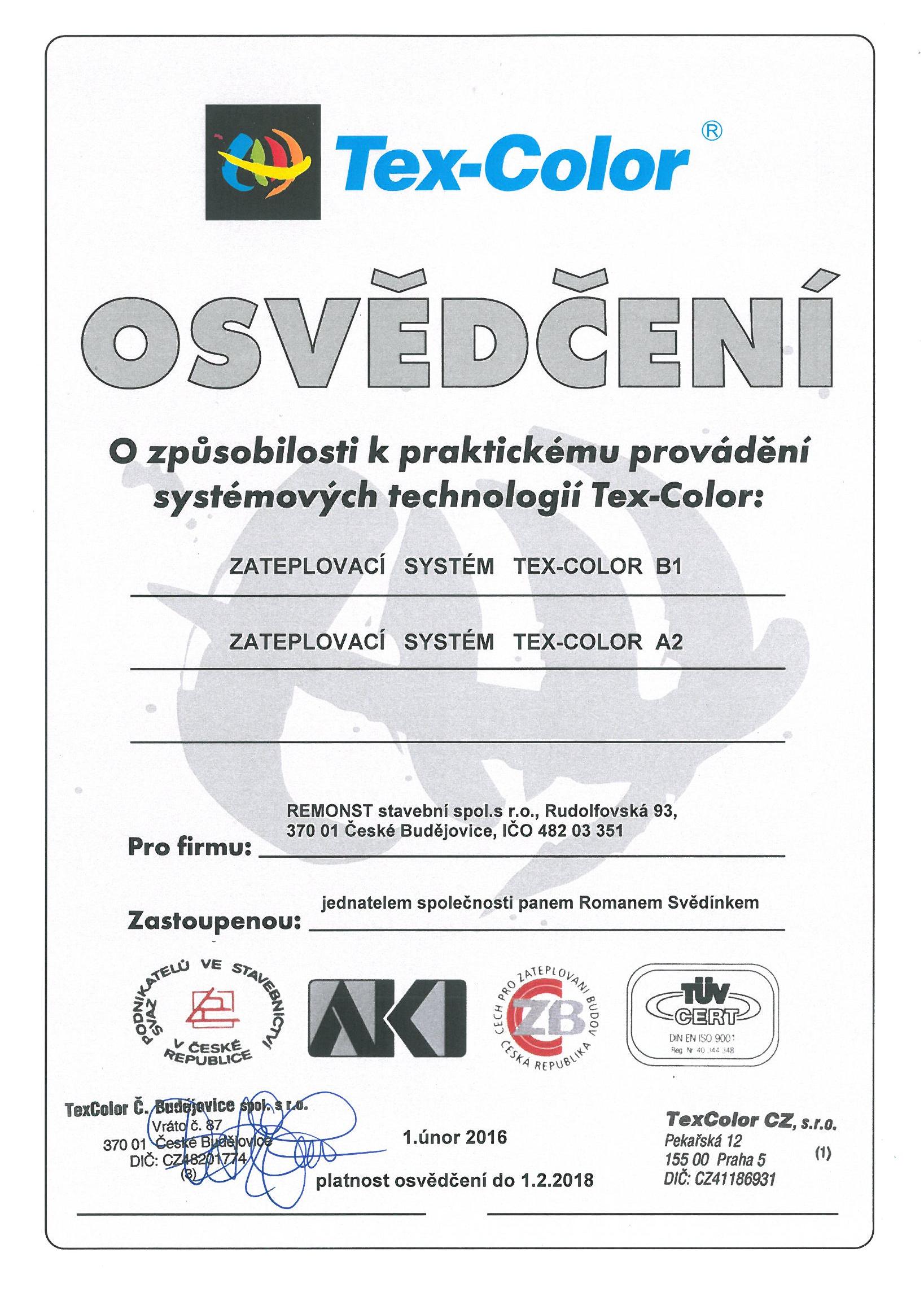 Osvědčení TexColor